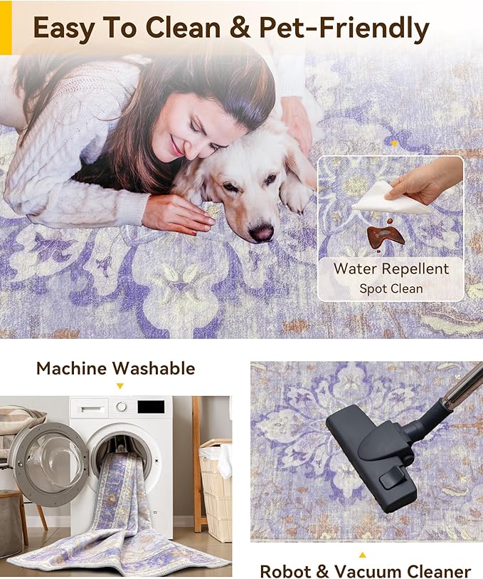 Area Rugs 4ft Washable Non-Slip, Floral Vintage Distress Print Pattern Medallion Carpet for Living Room Bedroom Dining Room, Light Purple Brown