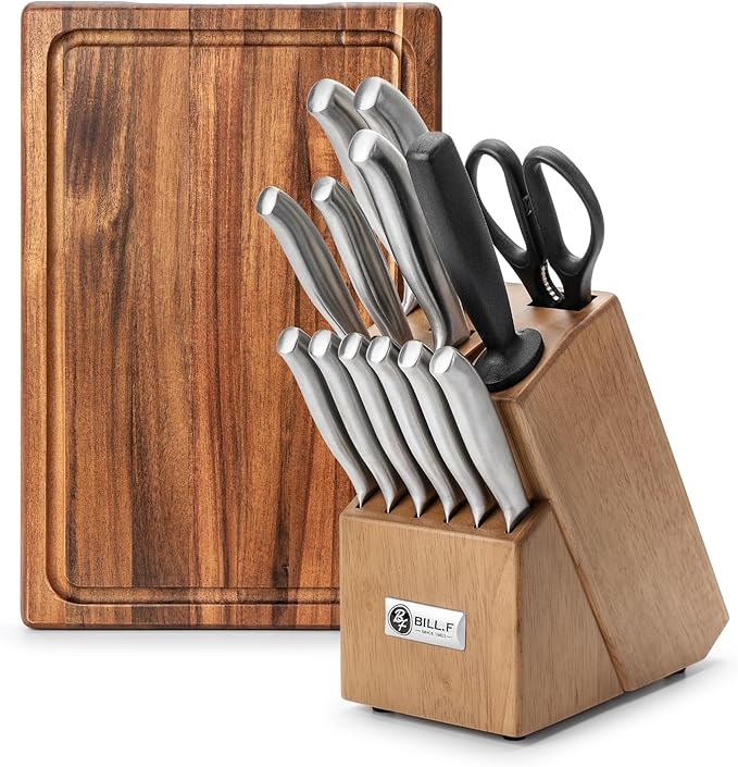 Wood Kitchen Set Knife Set for Kitchen with Block Stainless Steel Knives 16 Pcs and Cutting Board with Groove, Ultra Sharp Stainless Steel Knife Chef Knife Set and Steak Knives Set of 6