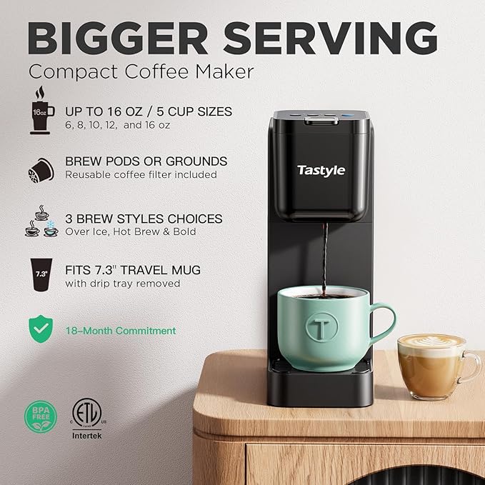 Tastyle Single Serve Coffee Maker Hot and Iced with Bold Brew, Small Coffee Machine for K Cup and Ground, Fits 7.3'' Travel Mug, Brews up to 16 Oz, 5 Cup Sizes, Compact for Office, RV& Hotel, Black