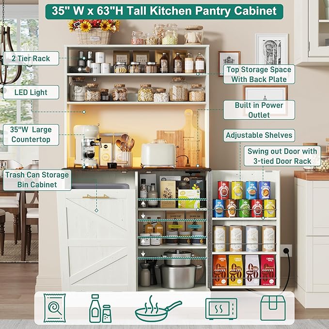 63" H Pantry Cabinets with 10 Gallon Trash Can,Led Light,Outlet,35" W Kitchen Hutch with Tilt Out Trash Can Cabinet,Farmhouse Cupboard with Large Countertop