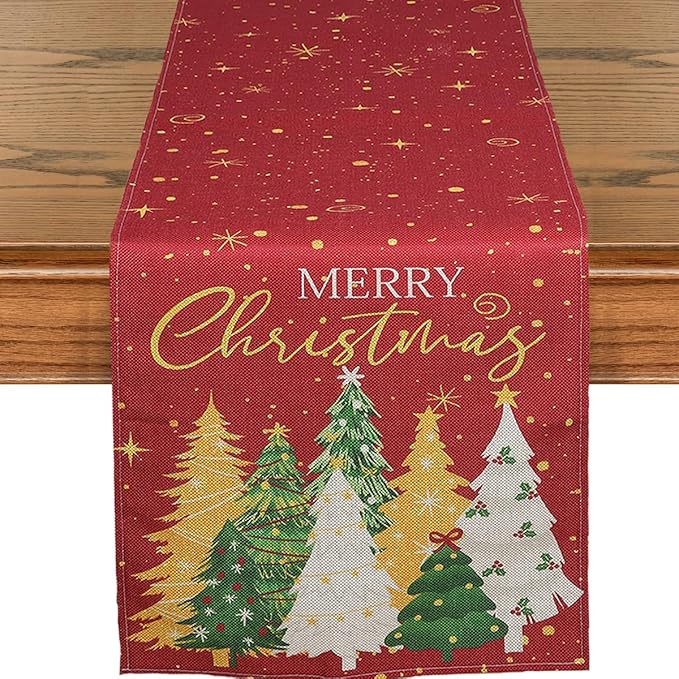 Christmas Table Runner Linen Red Snowflake Winter Table Runners with 8 Colorful Trees,Xmas Dinner Holiday Theme Table Kitchen Dining Table Decor （13 x 72 Inch）