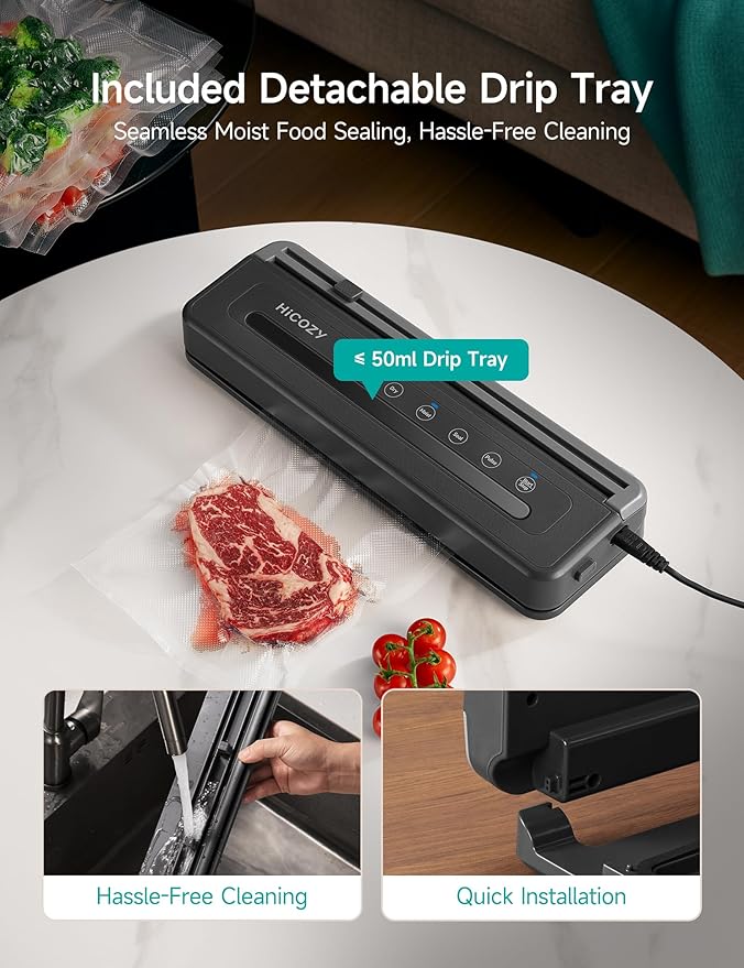 HiCOZY Compact Vacuum Sealer for Food, 5-in-1 Functions Vacuum Sealer with Detachable Drip Tray, Double Heat Seal, Built-in Cutter, 10 BPA-Free Bags, Space Gray