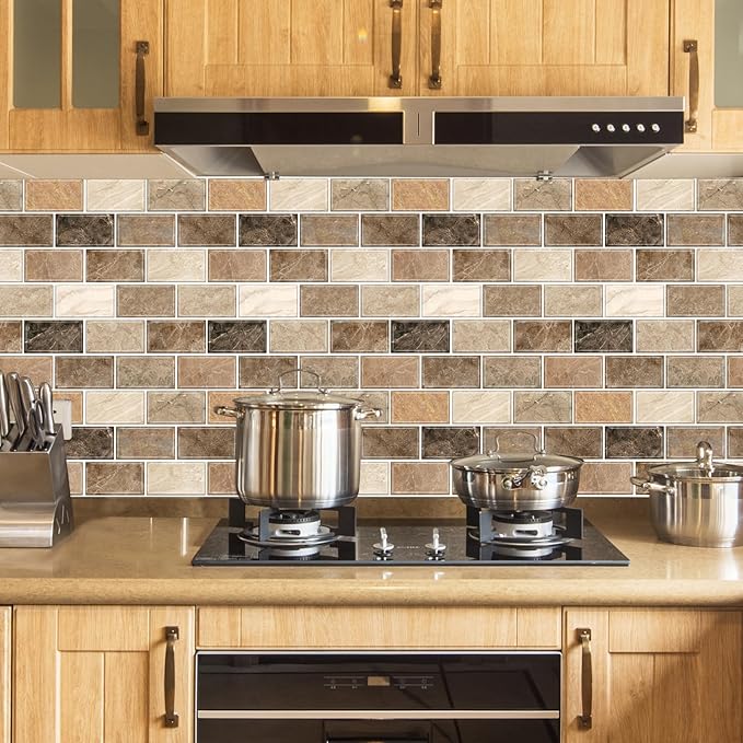 URCOLOR 10-Sheet Stick on Backsplash for Kitchen,12"x12" Peel and Stick Self Adhesive Wall Tiles Back Splashes for Bathroom Brown Marble Look