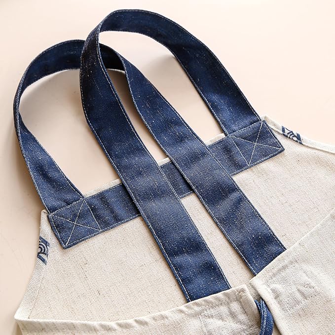 patdrea Blue Floral Linen Apron with Pocket,French Kitchen Garden Chef BBQ Aprons for Women and Men,Crisscross Back Straps