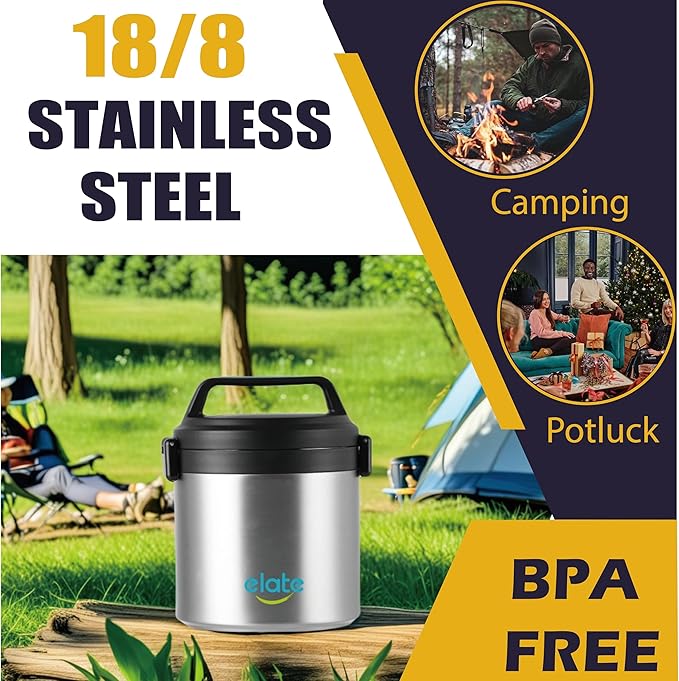 Elate 2-Quart Camp Crock Thermos for Hot/Cold Food | 64oz Stainless Steel Vacuum-Insulated Jar, Wide-Mouth Thermal Food Container, Portable Lunch Pot for Outdoor, Camping, Picnics, Trips, Potlucks