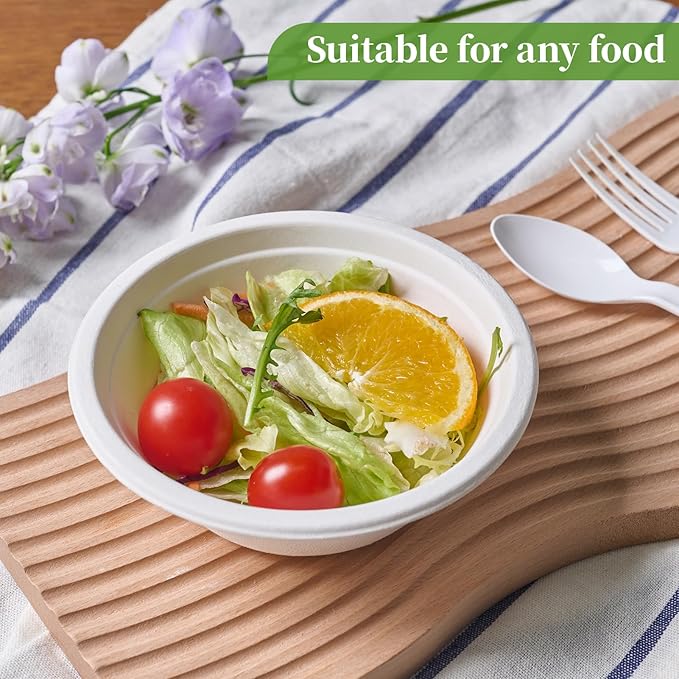 ECOLipak 150 Pack 12 oz Paper Bowls Disposable, Heavy-Duty Biodegradable Compostable Bowls Made of Natural Sugarcane Bagasse, Suitable for Salad, Dessert, Milk, Cereals