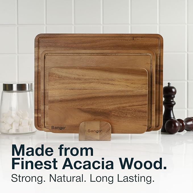 Sango Acacia Cutting Board Set with Juice Grooves and Stand, 3-Piece- Wood Chopping Boards, Stackable & Reversible for Kitchen, Non-Toxic, Perfect as Butcher Block Countertop, Atelier