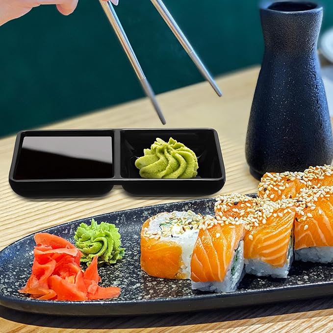 Gejoy 6 Pcs Dual Dipping Sauce Bowls Soy Sauce Dish Bowls Two Compartments Party Trays Divided Fondue Plates for Restaurant Kitchen Sushi Soy (Black)