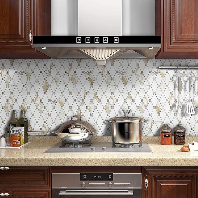 STICKGOO 1 Sheet Peel and Stick Backsplash, Calacatta Golden Stick on Aluminum Composite Tiles Stikers, Self Adhesive Mixed Metal Backsplash for Kitchen, Bathroom, Fireplace, RV