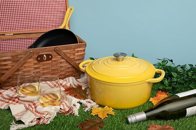 Larder & Vine 4-Piece Enameled Cast Iron Set, Oven Safe and Suitable for All Cooktops – includes 5.7 Quart Dutch Oven Pot with Lid and 2.2 Quart Saucepan with Lid (Limoncello)