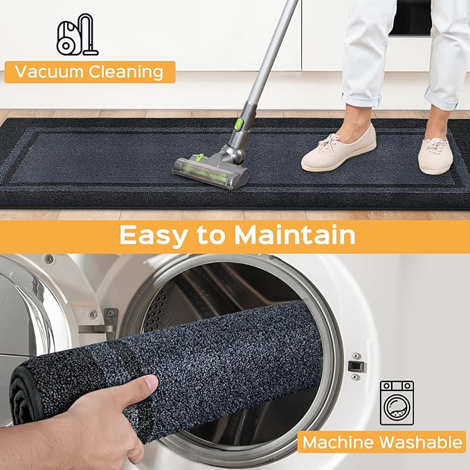 Kichen Rugs 24" x 96", Non-Slip Machine Washable Kitchen Runner Rugs Floor Mats, Absorbent Comfort Standing Mats for Kitchen, Sink, Laundry and Hallway, Bluish Grey & Charcoal