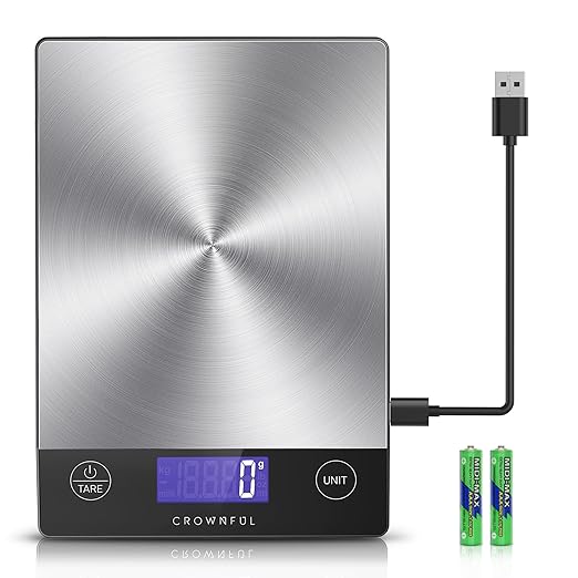 CROWNFUL Food Scale, 33lb Rechargeable 304 Stainless Steel Digital Kitchen Scale Weight Grams and Ounces with LCD Display and Type-C Charging for Meal Prep, Baking and Cooking