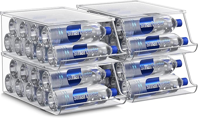 Sorbus Bottle Organizer for Fridge with Lid – Holds 9 Bottles – Stackable Drink Organizer for Refrigerator, Pantry, or Countertop – Clear BPA-Free Plastic Bottle Storage Holder (4 Pack)