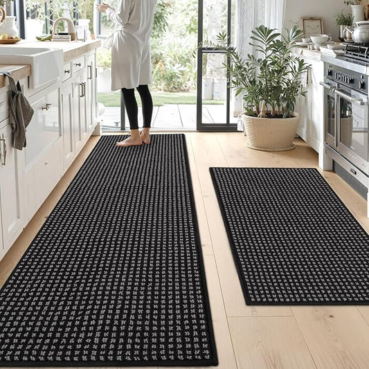 Kitchen Rugs,Non Slip Kitchen Mats for Floor-Thick Stain Resistant Kitchen Floor Mat Runner Carpet for Hallways Entryway Laundry Room Washable(24"x35"+24"x71",Black)