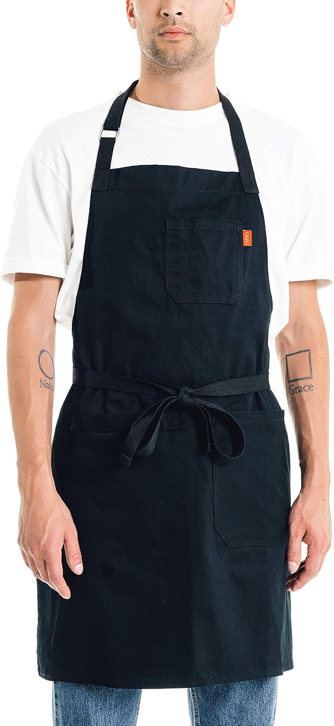 Caldo Daily Cotton Kitchen Apron for Cooking- Mens and Womens Professional Chef or Server Bib Apron - Adjustable Straps with Pockets and Towel Loop (Black)