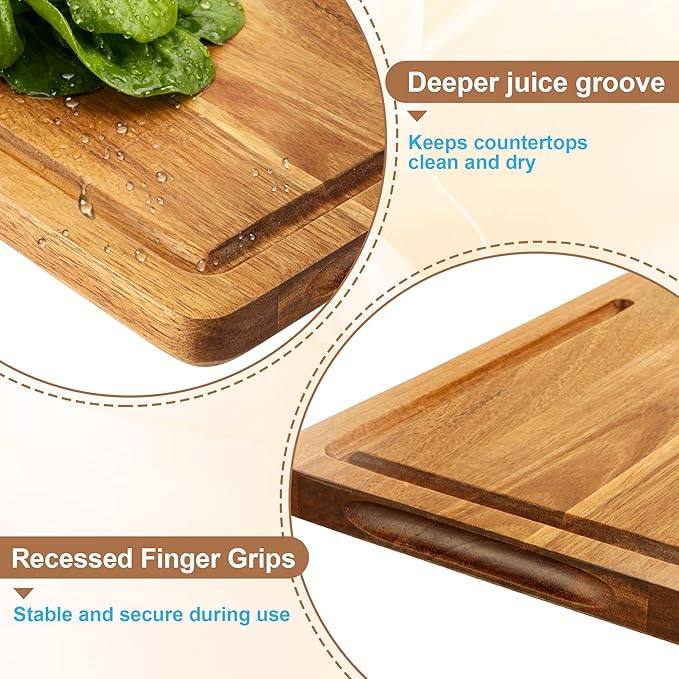 Amitlimate 3 PCS Cutting Boards for Kitchen, Premium Acacia Wooden Cutting Board Set with Built-In Handle and Juice Groove, Charcuterie & Chopping Butcher Block for Meat, Vegetables, Fruits (Brown)