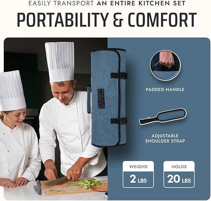 Asaya Chef Knife Roll Bag - 20 Total Pockets for Knives and Kitchen Utensils - Made with Stain Resistant Waxed Nylon - For Chefs and Culinary Students - Knives Not Included(Blue)