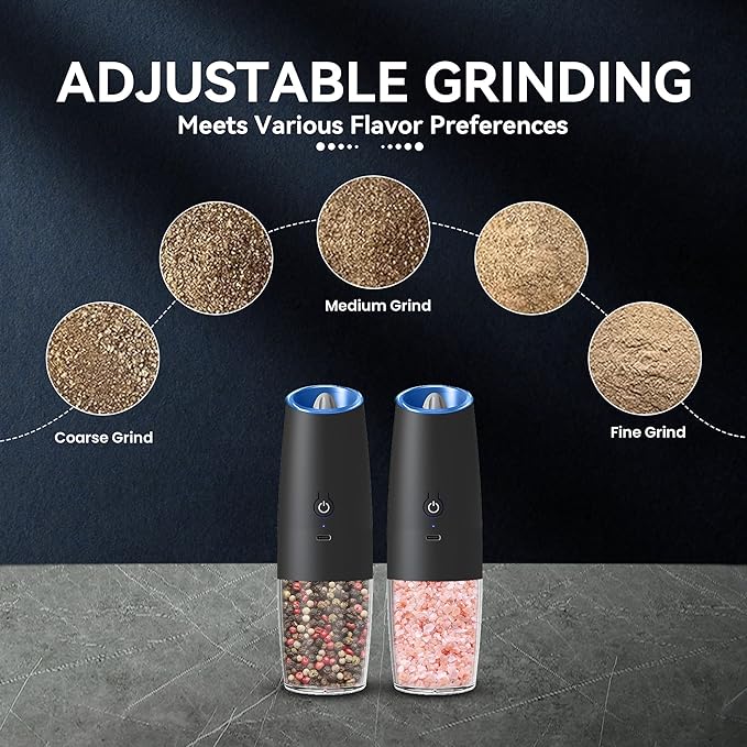 Rechargeable Electric Salt and Pepper Grinder set of 2, gravity electric salt and pepper grinder set, Adjustable Roughness, LED Light, 2 Pack, (Black)