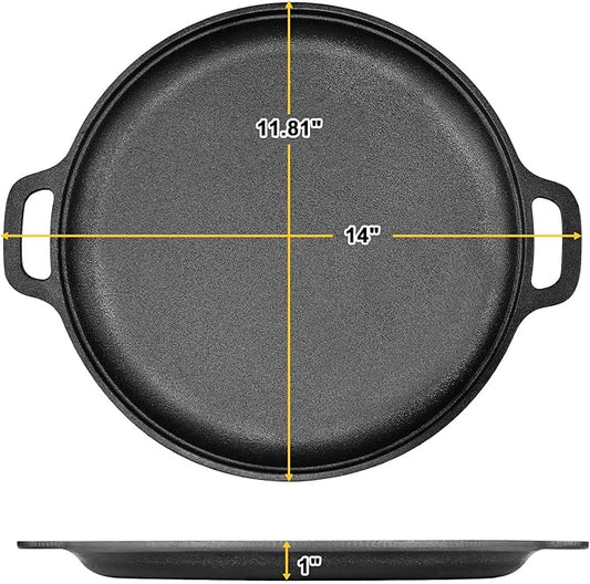 Gymdin 13.8 Inch Cast Iron Pizza Pan - Round Comal for Even Heating - Works on Oven, Grill & Campfire, Heavy-Duty Cast Iron Pizza Stone with Dual Handles