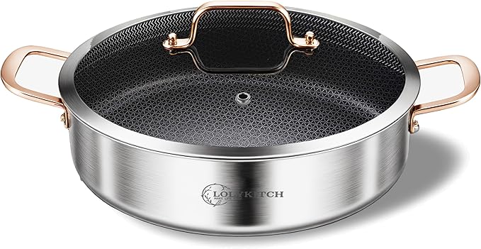 LOLYKITCH 6 Quarts Hybrid Tri-Ply Stainless Steel Sauté Pan with Lid,Induction Large Skillet, Jumbo Cooker,Dishwasher & Oven Safe