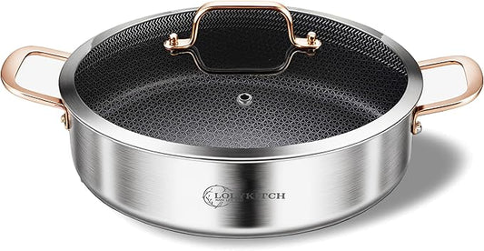 LOLYKITCH 6 Quarts Hybrid Tri-Ply Stainless Steel Sauté Pan with Lid,Induction Large Skillet, Jumbo Cooker,Dishwasher & Oven Safe