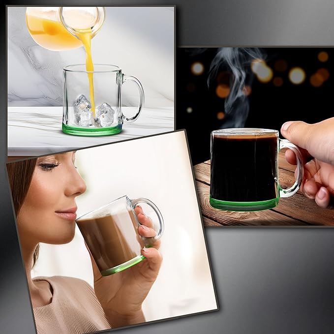 Libbey Clear Glass Coffee Mugs 13 oz. Set of 10, Bulk Pack - Perfect for Coffee, Tea, Espresso, Hot Cocoa, Other Beverages - Green Bottom