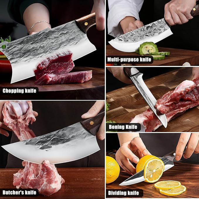 ZENG 7 Pieces Butcher Knife Set with Roll Bag, Chef Knife Set for Meat Cleaver Cutting & Viking Knives with Ergonomic Handles, Stainless Steel Hand Forged Kitchen Knife Set for Home, Cooking, Camping