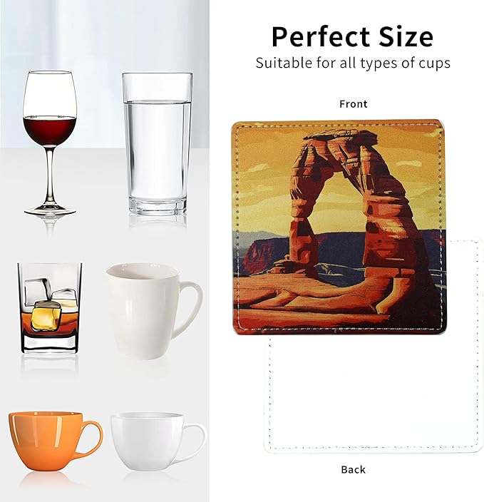 National Parks Coasters Square Leather Drinks Coaster Set with Holder for Coffee Table Bar Home Decor 4 Inches Set of 6