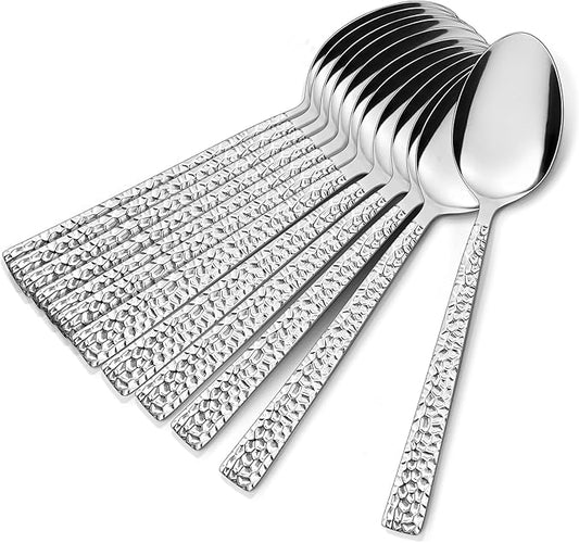 E-far Hammered Dinner Spoons Set of 12, 7.9 Inch Stainless Steel Soup Spoons Tablespoons for Home, Kitchen or Restaurant, Non-toxic & Mirror Polished, Squared Edge & Dishwasher Safe
