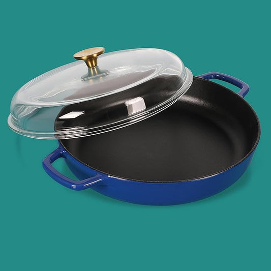 Sur La Table Kitchen Essentials Supper Club 3.75 Quart Enamel Cast Iron All In One Multi-Purpose Non-Toxic Nonstick Braiser Pan W/Borosilicate Glass Lid - Blue