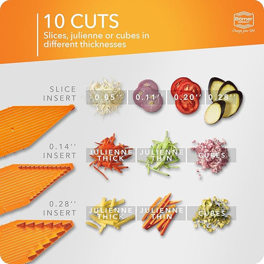 Börner Mandoline Slicer V5 (Starter Set) • Vegetable V-Slicer for Slices, Sticks & Dices in Various Sizes • With Stainless Steel V-Blade • Adjustable Kitchen Slicer • Color: Orange