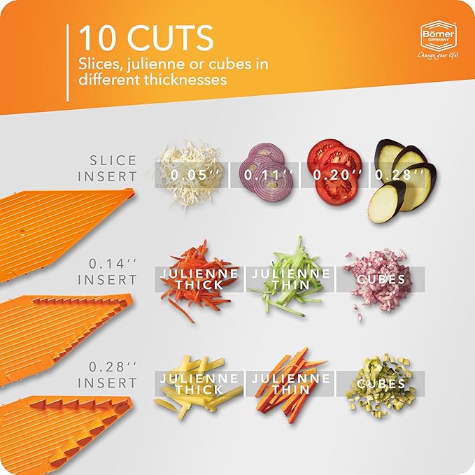 Börner Mandoline Slicer V5 (Professional Set) • Adjustable Vegetable Slicer (7-piece) • 10 Cutting Styles • Kitchen Slicer incl. Docking Station • Stainless Steel V-Blade • Color: Orange