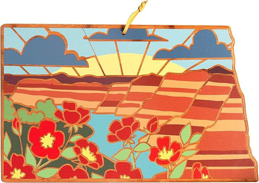 Totally Bamboo North Dakota State Shaped Cutting Board and Charcuterie Serving Platter with Artwork by Summer Stokes, Includes Hang Tie for Wall Display