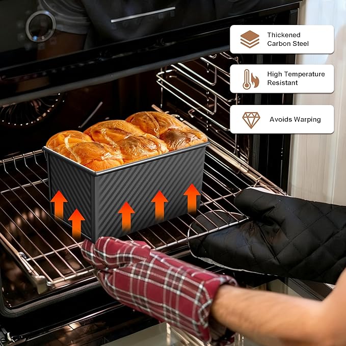 2 Pack Pullman Loaf Pan with Lid, 1 lb Dough Capacity Non-Stick Bakeware for Baking Bread, Carbon Steel Bread Toast Box with Cover, Homemade Sandwich Toast, Black
