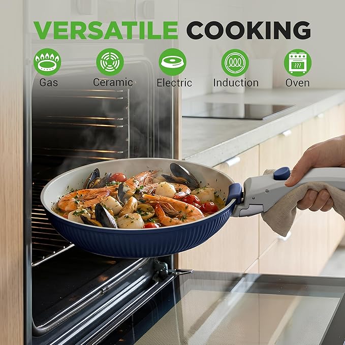 NutriChef 18-Piece Ceramic Cookware Set with Detachable Handles, Non Stick Pots and Pans, PTFE-Free Natural Ceramic Coating, Space-Saving Design, Oven & Stove Safe, Includes Utensils, Blue