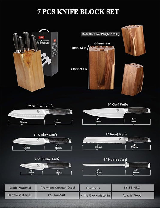 WILDMOK Knife Set, 7 Piece Kitchen Knife Block Set with Block Wooden, German Stainless Steel Sharp Chef Knife Set with Sharpener