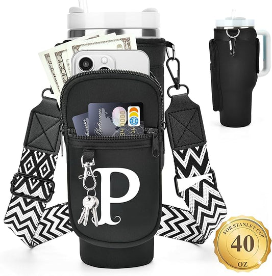 LOKASS Personalized Water Bottle Holder with Strap for Stanley Cup Accessories 40 oz Tumbler, Initial Water Bottle Carrier Bag/Phone Pocket, Mother's Day/Birthday Gifts for Women/Girls