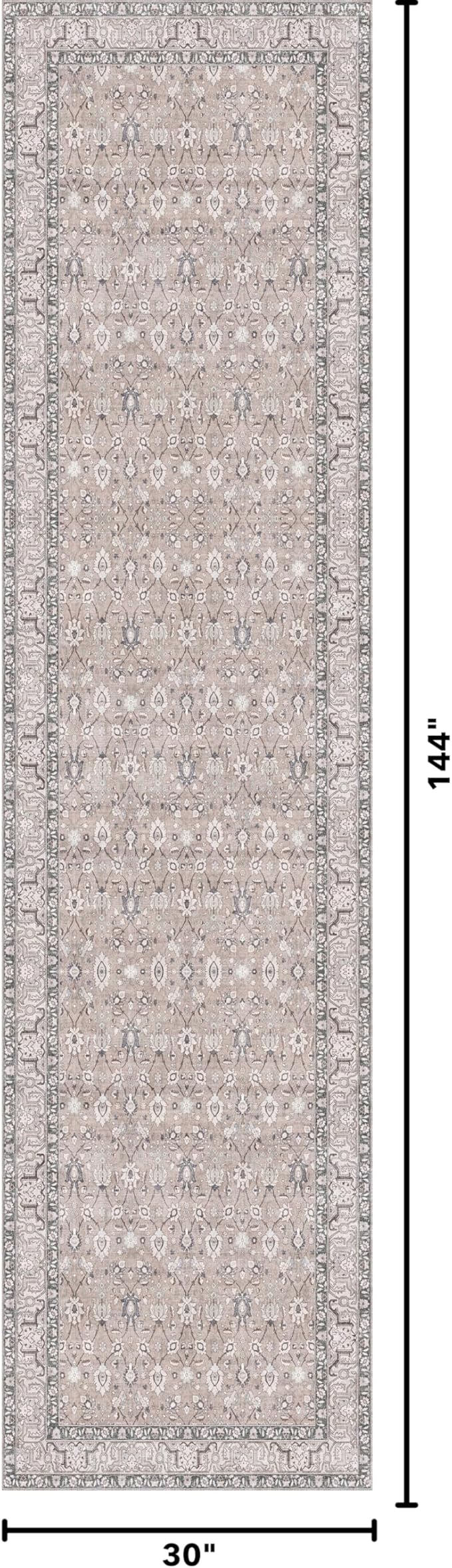 Kuden 2'6"x12 Runner Rug, Machine Washable Area Rug with Non-Slip Backing, Vintage Style, Soft, Easy Clean, Low Pile Rug for Hallway, Entryway, Kitchen, Bedroom