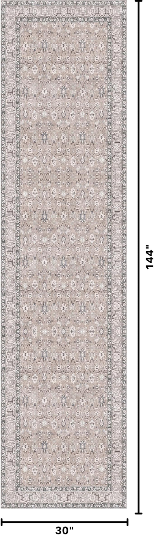 Kuden 2'6"x12 Runner Rug, Machine Washable Area Rug with Non-Slip Backing, Vintage Style, Soft, Easy Clean, Low Pile Rug for Hallway, Entryway, Kitchen, Bedroom