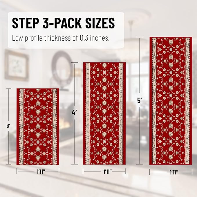 Ottomanson 3-Piece Kitchen Rug Set - Non Slip Runner & Washable Mat - 1'11" x 3' + 1'11" x 4' + 1'11"' x 5' - Durable, Stain Resistant for Entryway, Bedroom and Bathroom, Mahal Red