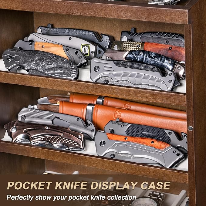 Singlispark Pocket Knife Display Case for 25 Knives, Large Wooden knife Cases for Collections, Vertical Knife Storage Case with Acrylic transparent panel for Men Gifts (Walnut)