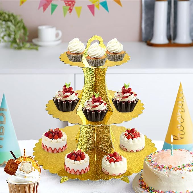 Soleebee 3-Tier Cupcake Stand, Cardboard Cupcake Tower, Dessert Cup Cake Stand Tower for Birthday Wedding Party Decoration, Cupcake Tier Stand 1 Set (Glitter Gold)