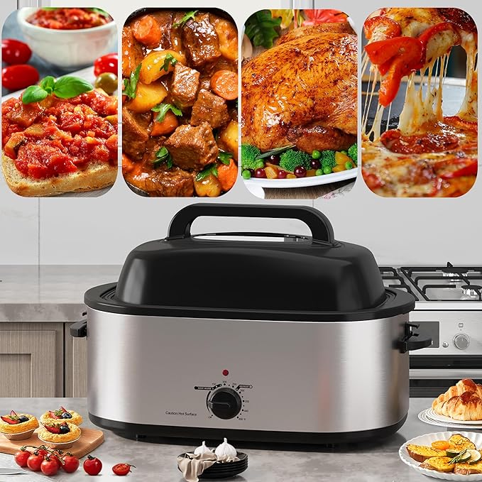 SUNVIVIPRO Roaster Oven 28 Quart, Electric Turkey Roaster with Self-Basting Lid, Removable Pan & Rack, Variable Temp Control, Stainless Steel Silver