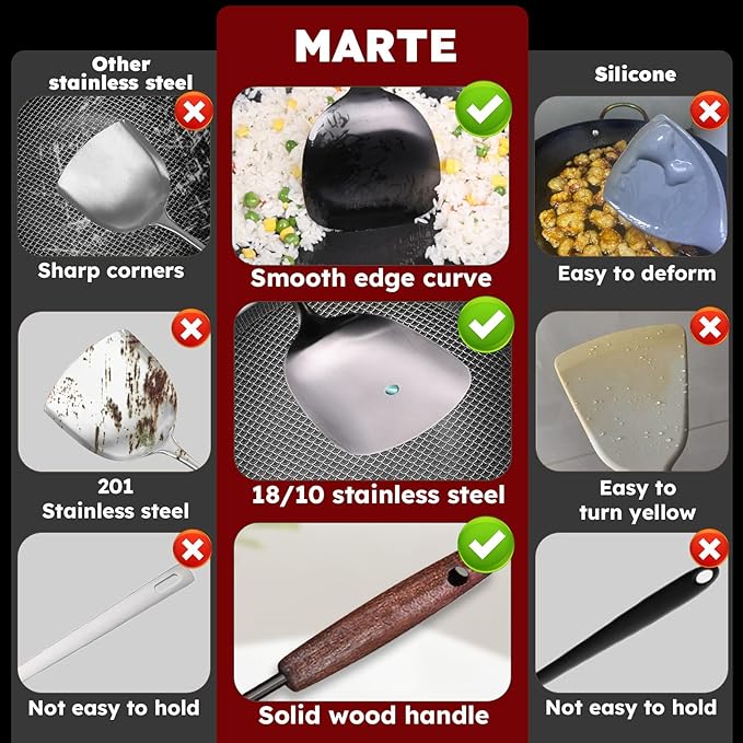 MARTE Spatula & Ladle Wok Tool Set,[High-Grade Titanium Plated, Heat Resistant]14.8-15 Inches Stainless Steel Vintage Wok Utensils,Kitchen Cooking Utensils Set of 2-Ergonomic Solid Wood Handle
