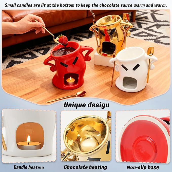 Ceramic Fondue Mug with Spork, Microwave Safe Personal Melting Cup for Chocolate & Cheese Dipping, Ideal Mini Fondue Set
