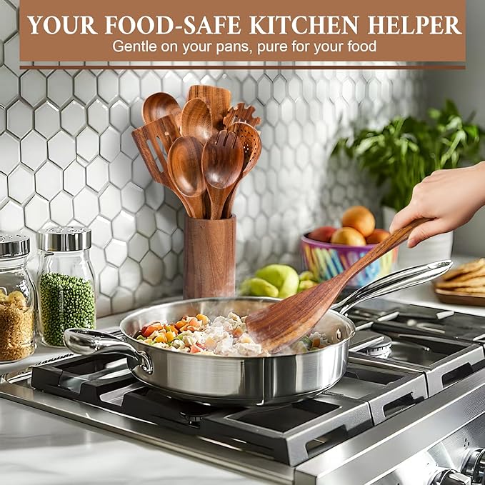 12 Piece Wooden Spoons for Cooking, Natural Teak Wooden Utensils Set, Handmade Wood Kitchen Utensil Set with Hooks, Durable Nonstick, Comfort Grip, Heat Resistant Wood Cookware Tool