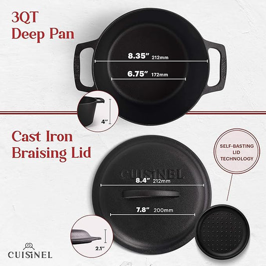 Cuisinel Cast Iron Dutch Oven - 3-Quart Deep Pot + Lid + Pan Scraper + Handle Covers - Large Pre-Seasoned Cooker for Baking Bread, Soup, Frying - Indoor/Outdoor - BBQ Cookware. PFAS and PFOA-free