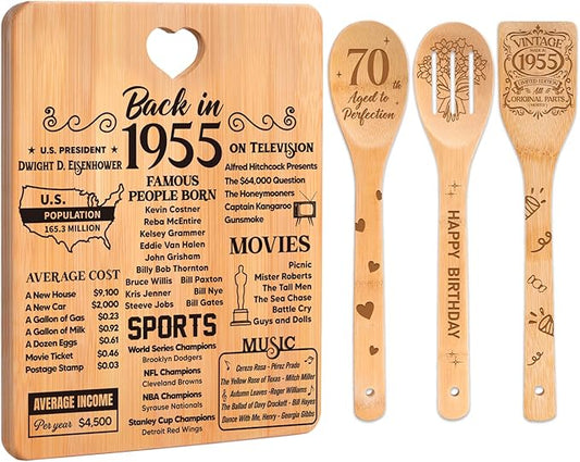 70th Birthday Gifts for Women - "Back in 1955" 70th Birthday Gifts for Men Cutting Board, Bamboo-Made Engraved "Year 1955 News" 70th Birthday Gifts
