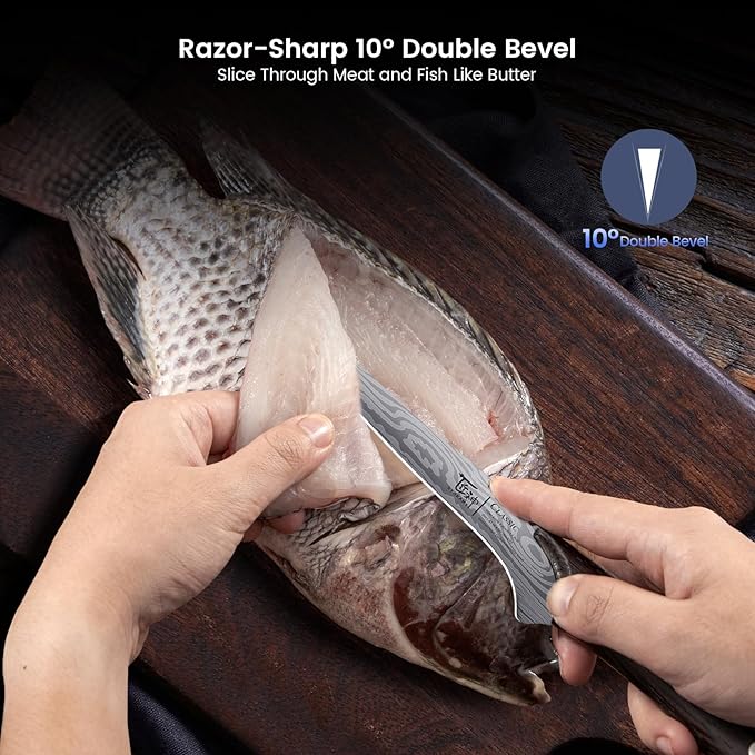 Fillet Knife, Razor Sharp 7.2 Inch Boning Knife, High Carbon Stainless Steel Filet Knives with High Flexibility, Wooden Handle, Full Tang Damascus Pattern Fishing Knives, Christmas Gift