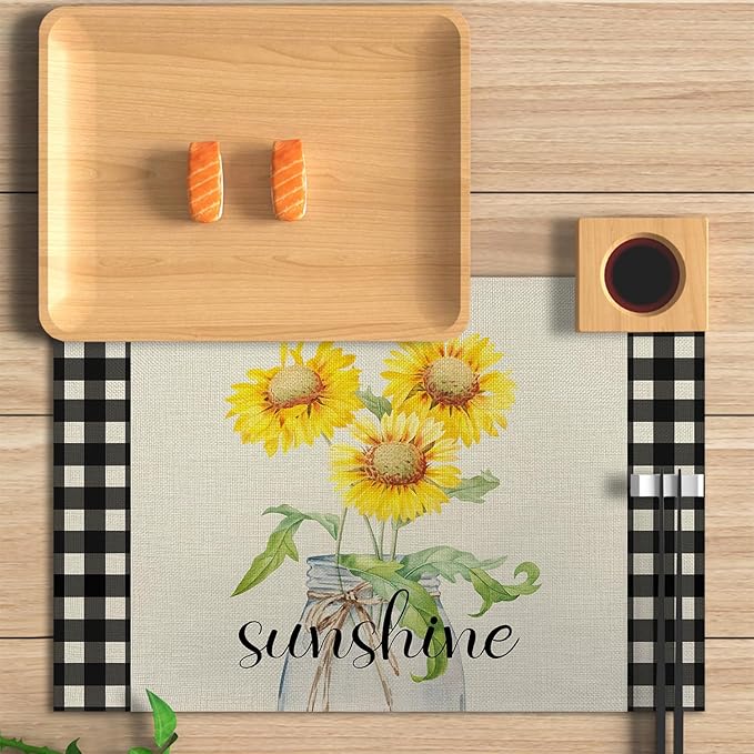 Buffalo Plaid Sunshine Sunflower Placemats, Resistant Place Mats Kitchen Decor Dining Decoration for Party, Sunflower Kitchen Decor Placemats Set of 4-03